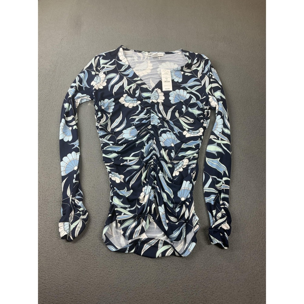 WHBM Blouse Womens XS Blue Ruched Front Jersey Long Sleeve Pullover Slim Stretch